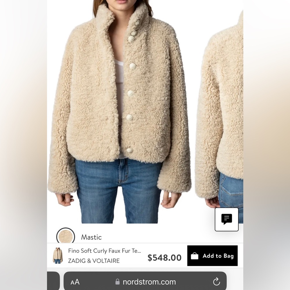NWT Zadig & Voltaire Fino Soft Curly Faux Fur Teddy Jacket, size:M (US 8-10)